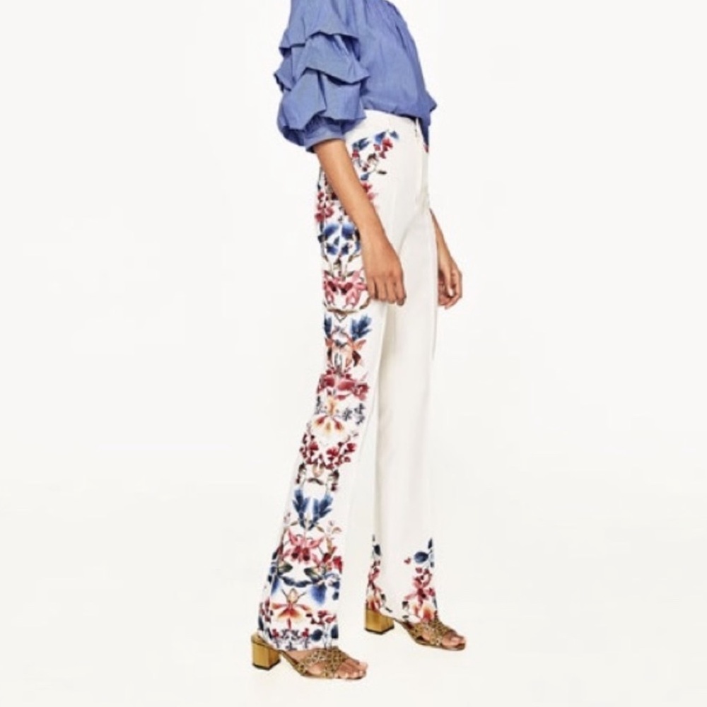 Zara Cream Floral Side Print Trousers Pants White Cream Medium